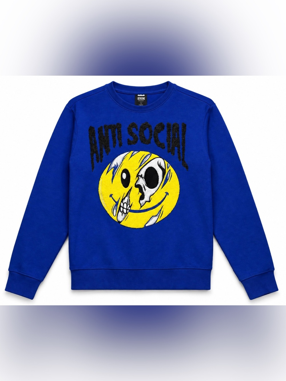 Genuine Authentic Garments Anti Social Skull Embroidered Sweatshirt Small Blue